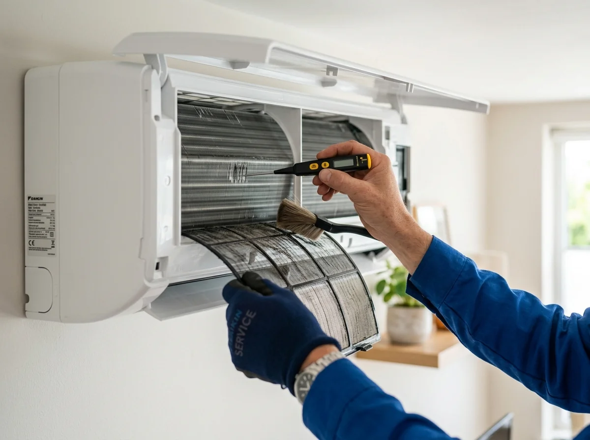 Technician inspecting split air conditioner cooling coils in Erode