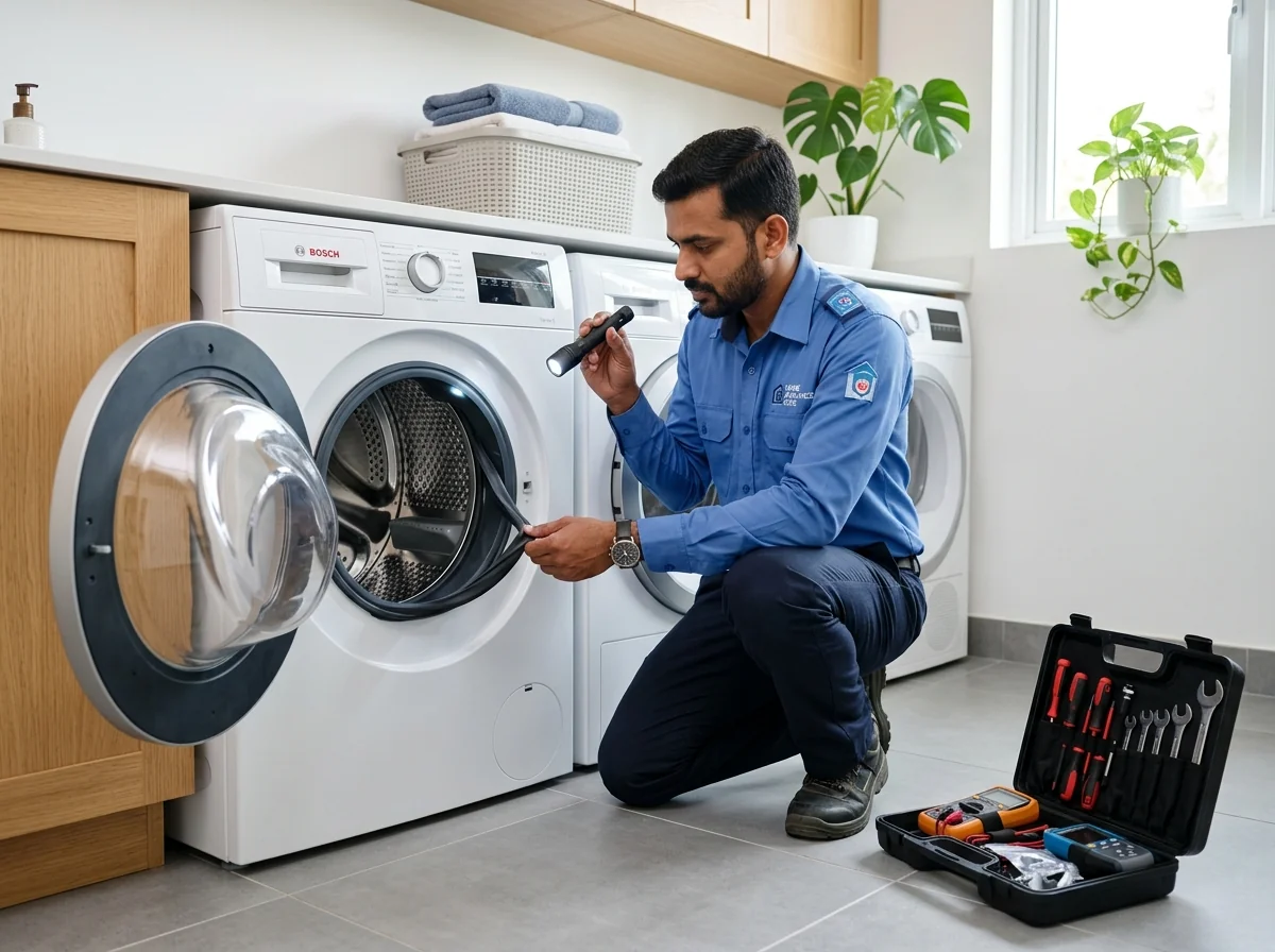 Technician checking front-loading washing machine in Erode home